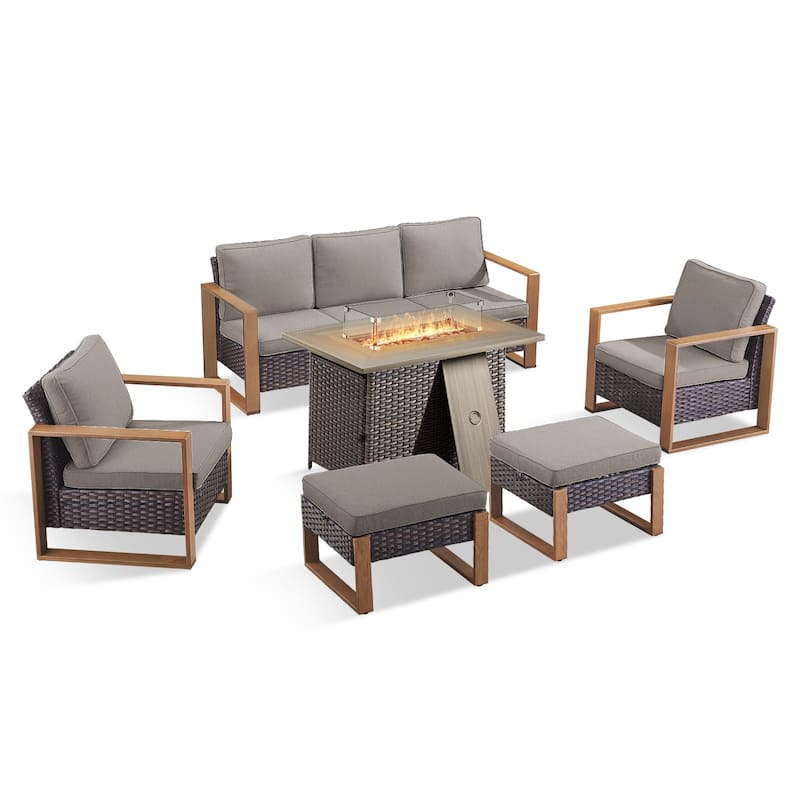 Pocassy 6 Pieces Outdoor Sofa Patio Chair Ottoman with Fire Pit Table Set
