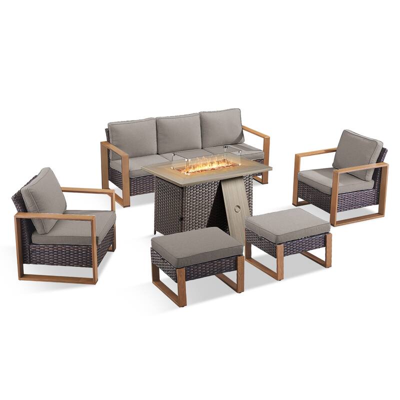Pocassy Outdoor Wicker Sofa Patio Chair with Fire Table Set