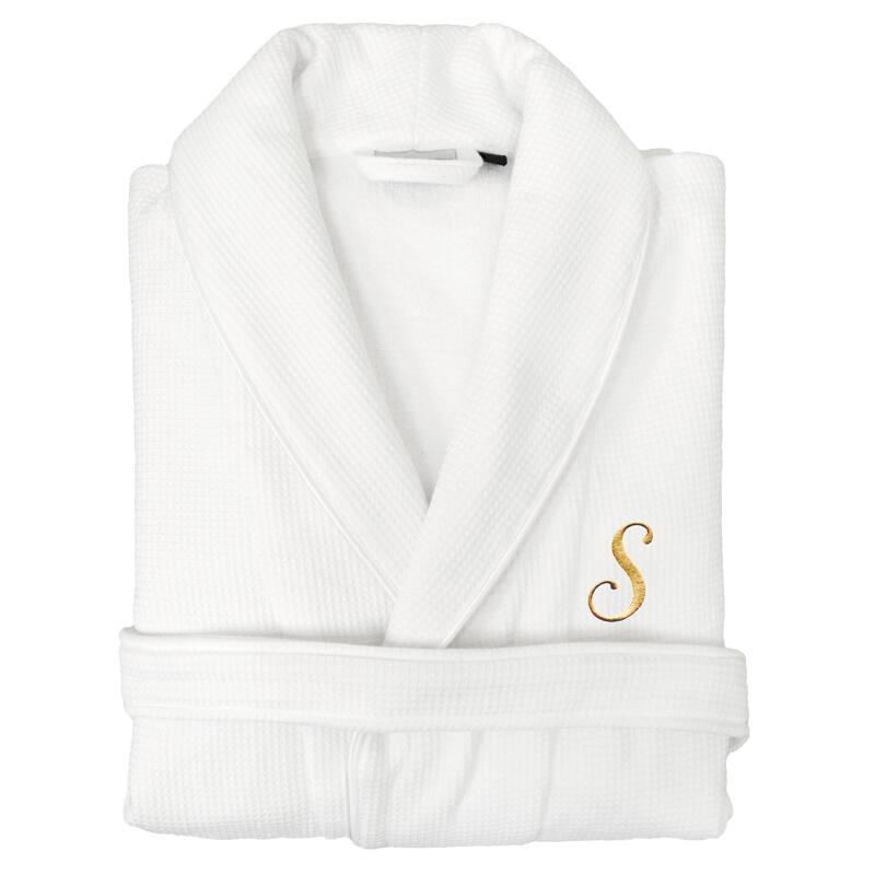 Authentic Hotel and Spa Unisex Gold Monogrammed Turkish Cotton Waffle Weave Terry Bath Robe - S/M - S