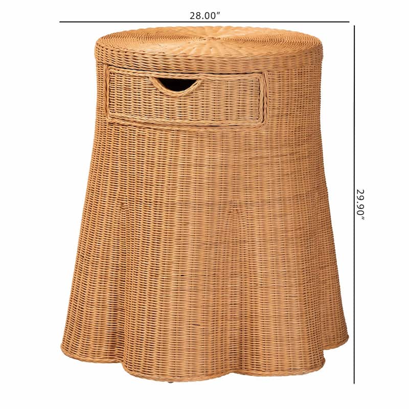 Dayo Scalloped Natural Rattan Console Table with Drawer - Handwoven Wicker Accent Table with Flared Skirt, Coastal Boho Style
