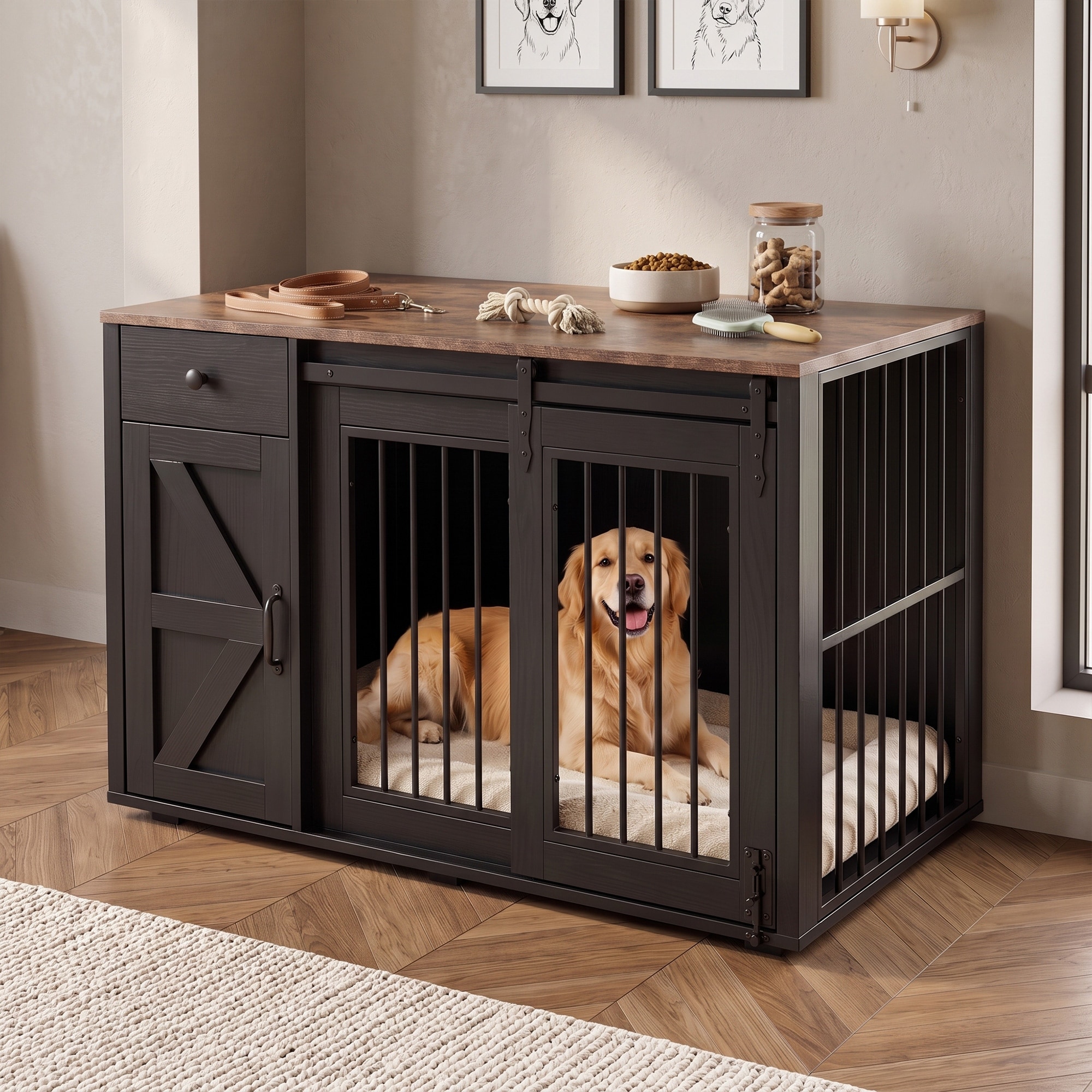 Dog Crate with Sliding Barn Door 44" Wooden Dog Kennel with Drawer and Storage Cabinet Black