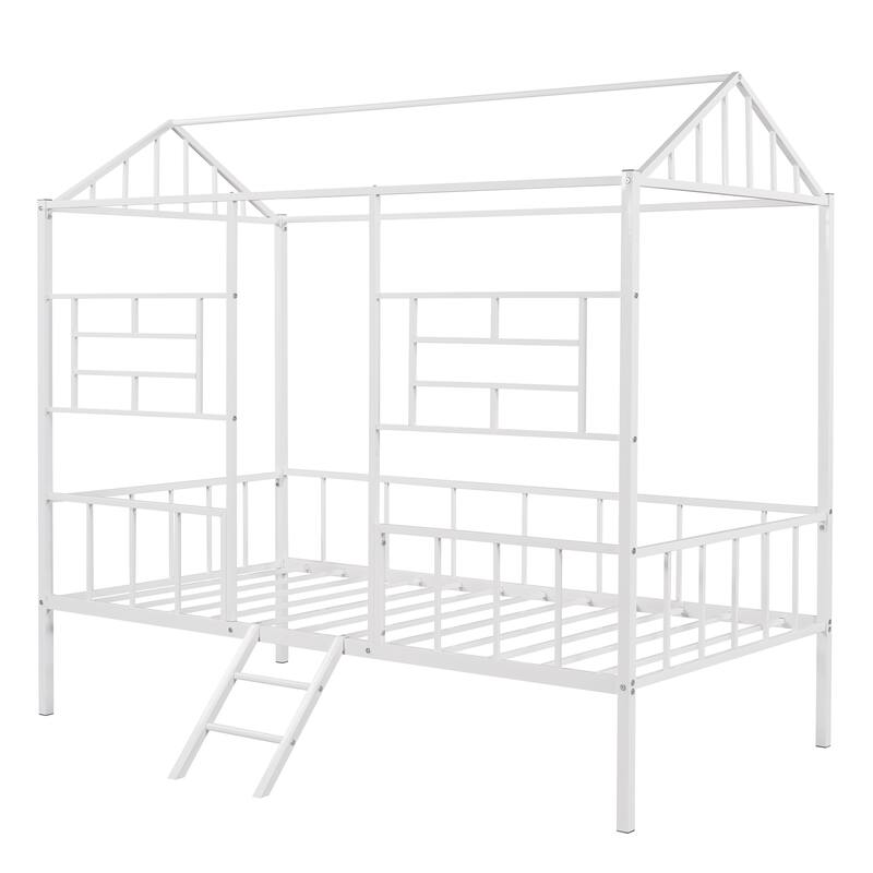 Kids Twin Size Platform Bed Metal Low Loft Bed Semi-Enclosed House Bed with Roof, Windows and Ladder, Playhouse Style