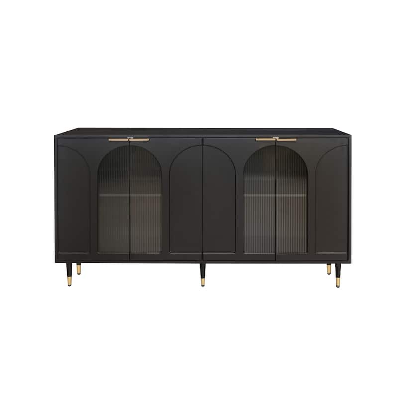 Black Sideboard Buffet Server Cabinet TV Console Table w/ 4 Glass Doors, Hallway Cabinet Adjustable Shelf Accent Storage Cabinet