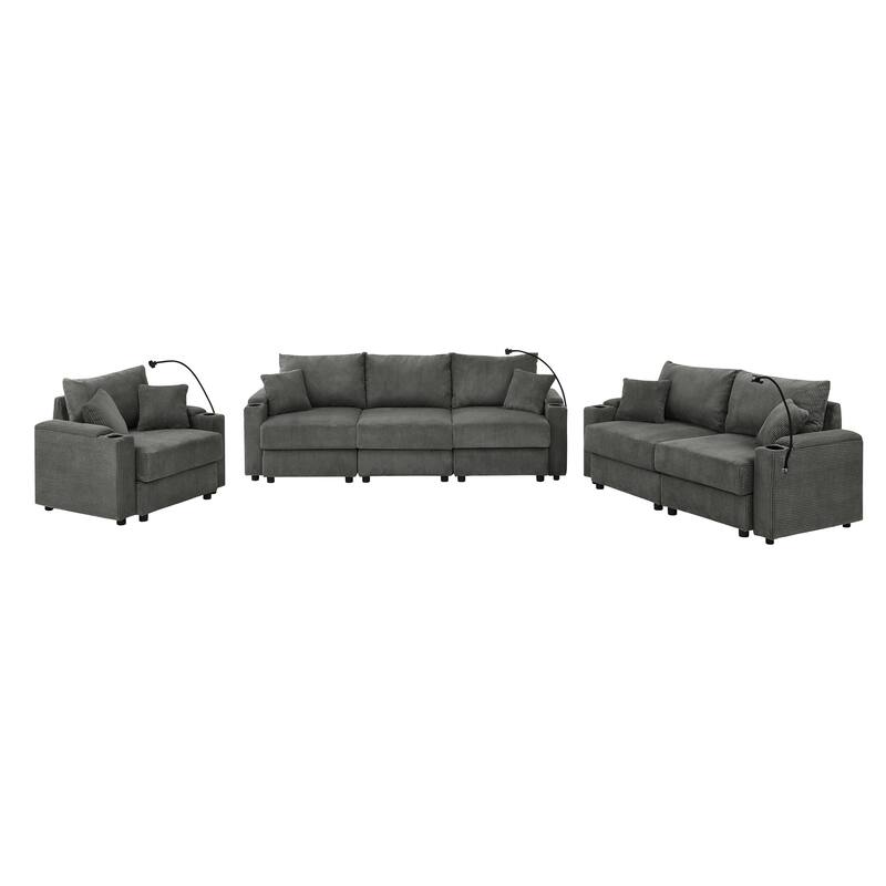 1+2+3 Seater Sofa Set Deep Seat Corduroy Upholstered Storage Couch with Removable Cushions, Cup Holders and Phone Stands