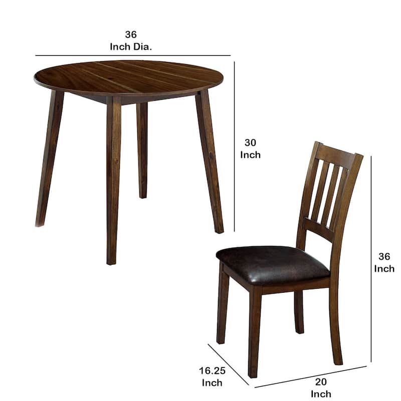 3 Piece Round Dining Table and Leatherette Chair Set, Brown