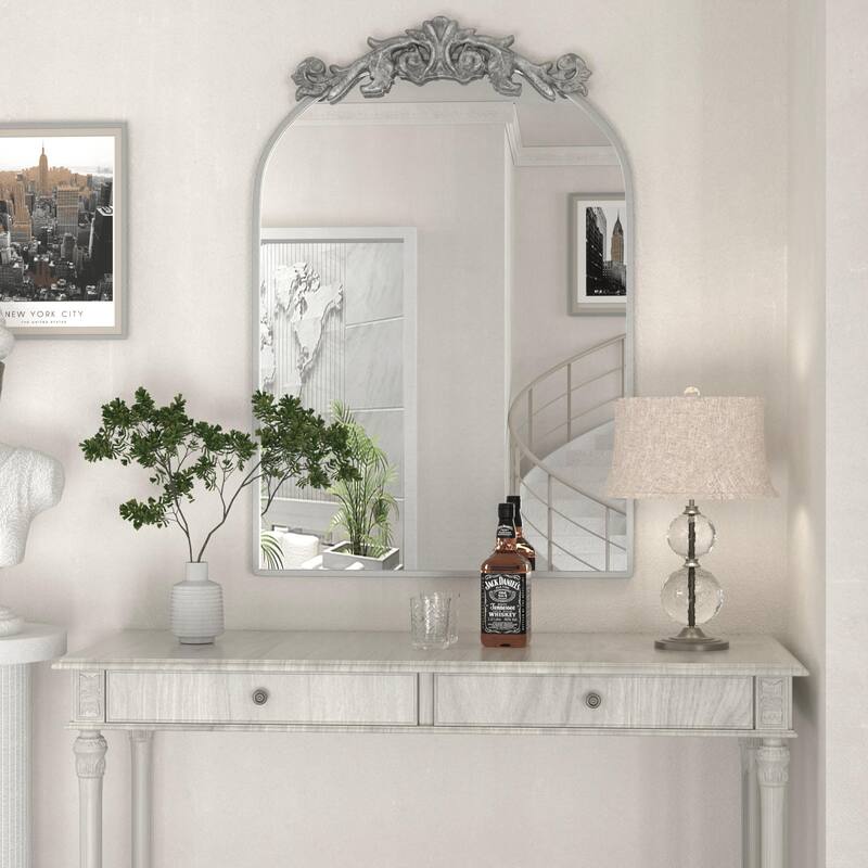 Baroque Ornate Metal Arch Mirror - 19W * 30H Inches - Silver