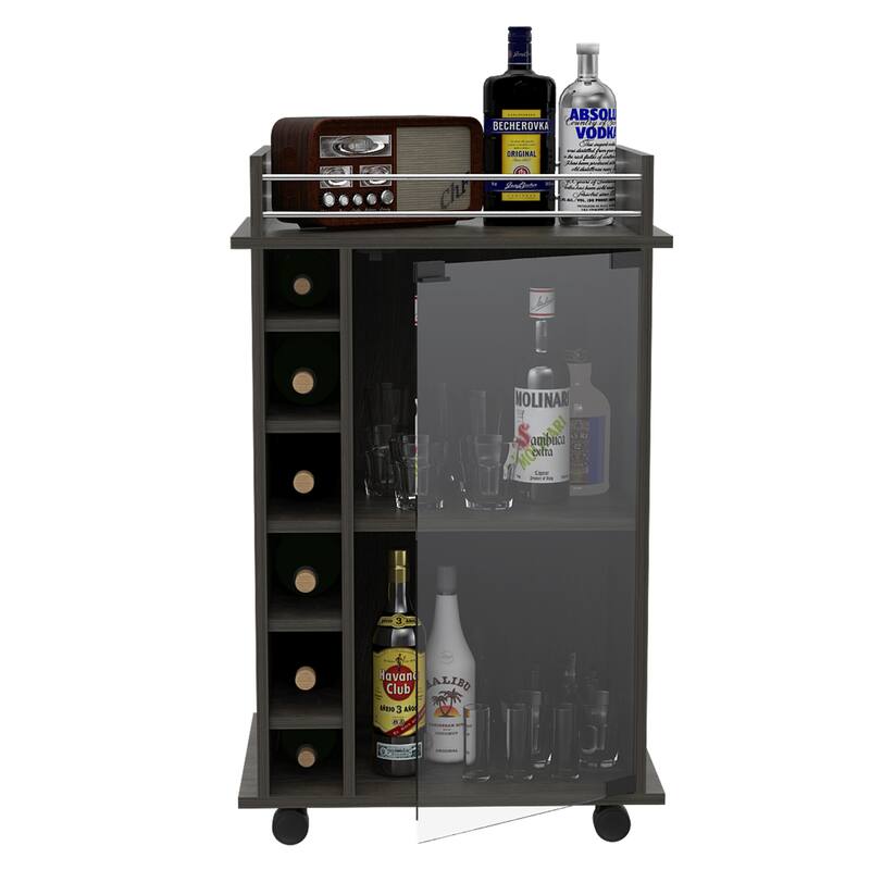 Dukat Bar Cart,Two Shelves, Six Built-in Wine Rack, Four Casters -Espresso