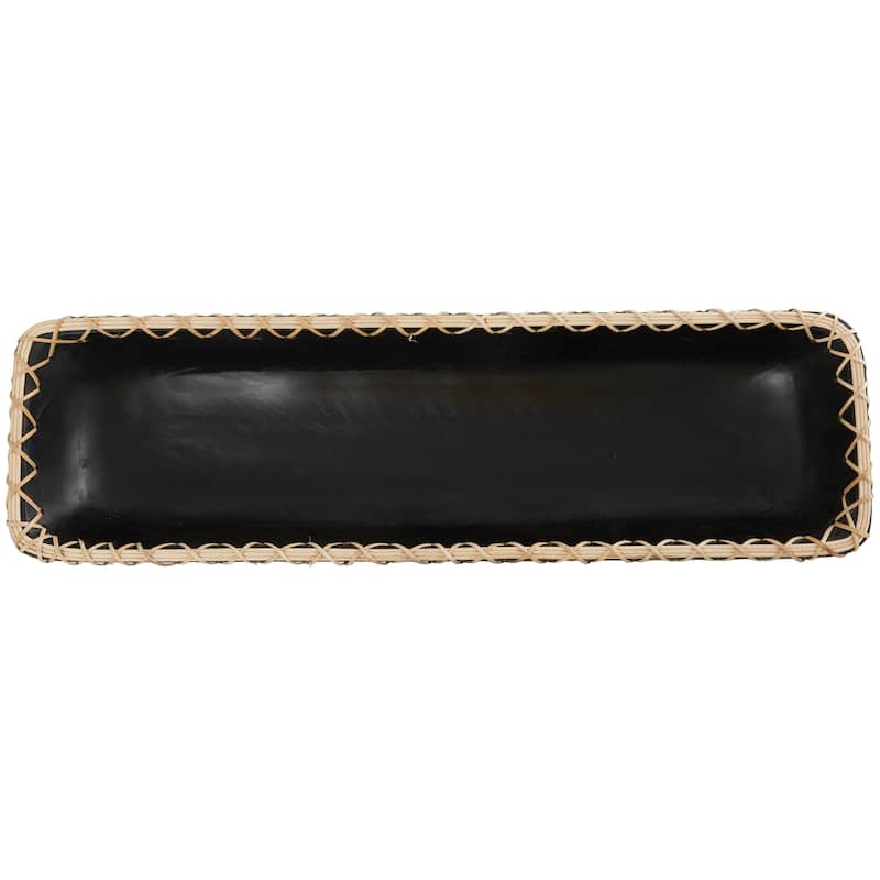 Mango Wood Handmade Nesting Tray with Hand Sewn and Woven Seagrass Accents - Black or Brown