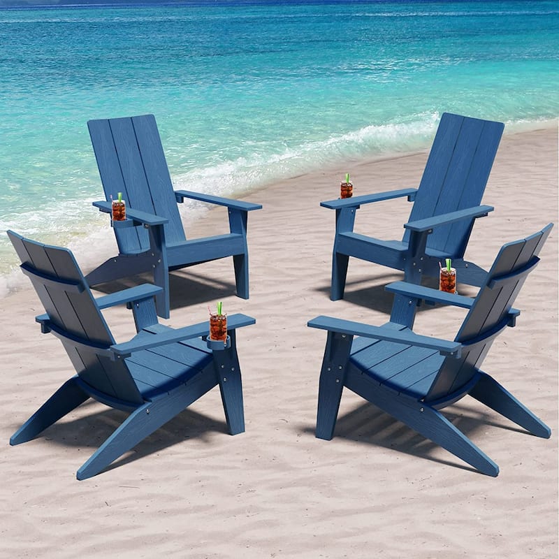 WINSOON All Weather HIPS Outdoor Adirondack Chairs with Cup Holder Set of 4 - Navy