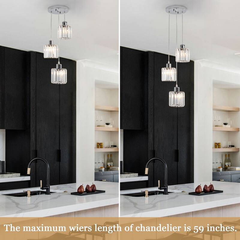 3-Light Modern Metal Hanging Pendant Light Ceiling Light Chandelier with Crystal Cover for Kitchen Island