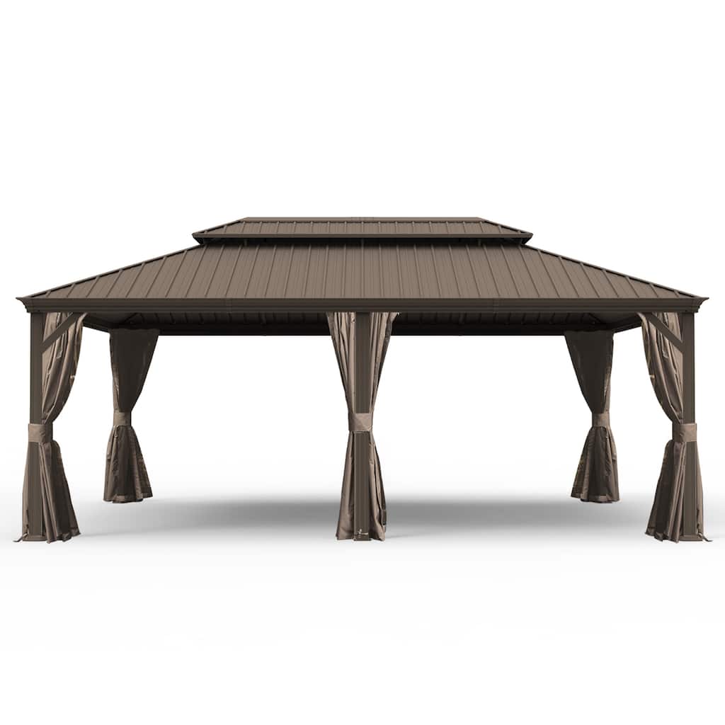 14' X 22' Hardtop Gazebo with Drainage System, Galvanized Steel Roof, Curtains & Netting for Outdoor Patio, Garden Shelter