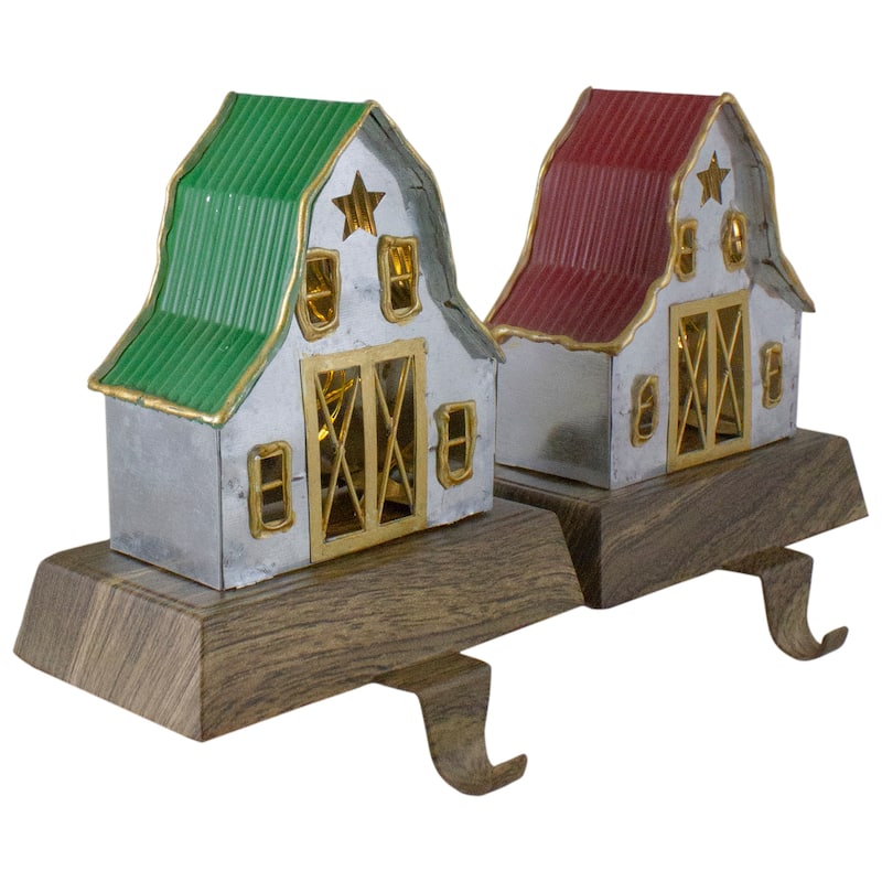 Set of 2 LED Lighted Galvanized Barn Christmas Stocking Holders 5.5"