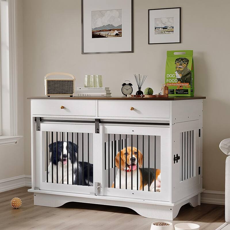 47" Dog Crate Furniture,Dog Crate Table with Drawers & Divider - White_1pack