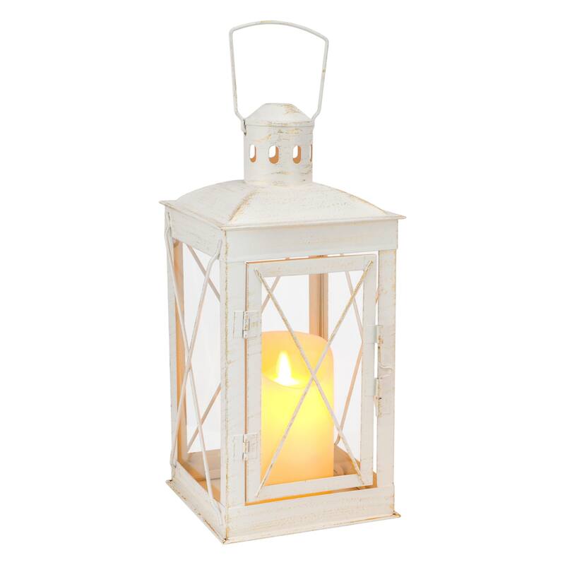 Set of Two Clear And White Glass And Metal Tabletop Lantern Candle Holders