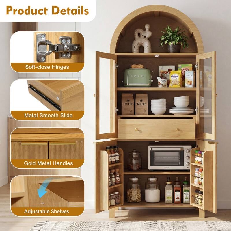 71" Tall Fluted Arched Pantry Cabinet with Glass Doors and Adjustable Shelves for Elegant Kitchen Storage