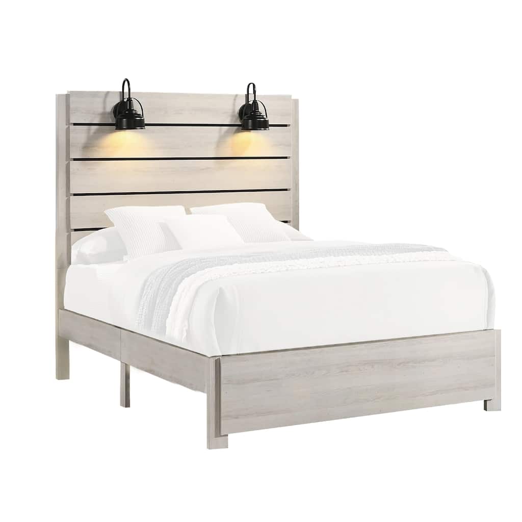 Lei Queen Size Bed with Tall Slatted Headboard, Distressed White Wood