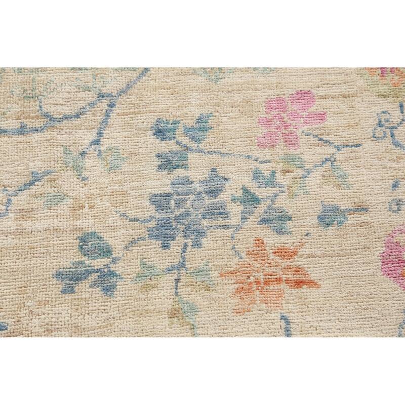 Hand Knotted Oriental 100% Wool Carpet Traditional Floral Beige & Ivories Art Deco Runner Rug - 10' 3'' X 2' 9''