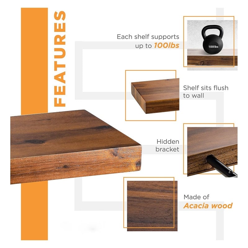 Acacia Wood Floating Shelves Wall Mounted Set of 2