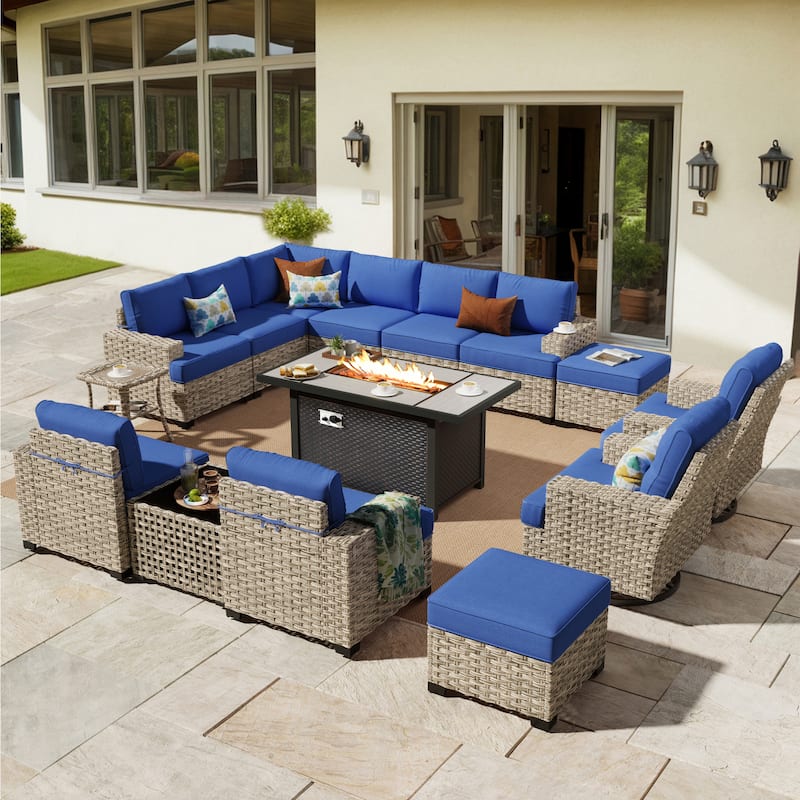 HOOOWOOO 15-piece Outdoor Sofa Patio Wicker Furniture Sectional Set with 54" Fire Pit Table - Navy Blue