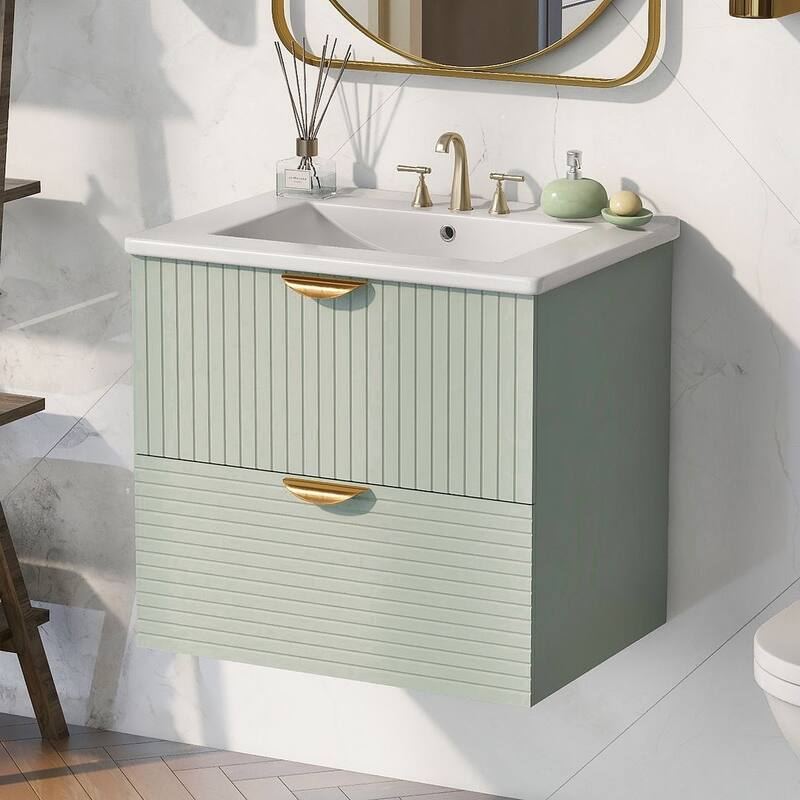 24” Modern Wall Mounted Bathroom Vanity with Ceramic Sink and 2 Drawers - Green