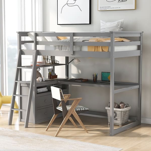 slide 2 of 9, Solid Pine Wood Twin Loft Bed with Desk, Storage Drawers, Shelves, and Safety Guardrails - Perfect for Children's Bedrooms Gray