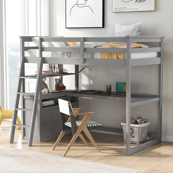 slide 2 of 9, Twin Size Loft Bed with Desk and Storage Shelves and 2 Drawers Grey