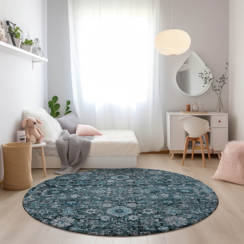 Machine Washable Indoor/ Outdoor Chantille Traditional Vintage Floral Rug - Teal - 8' x 8'