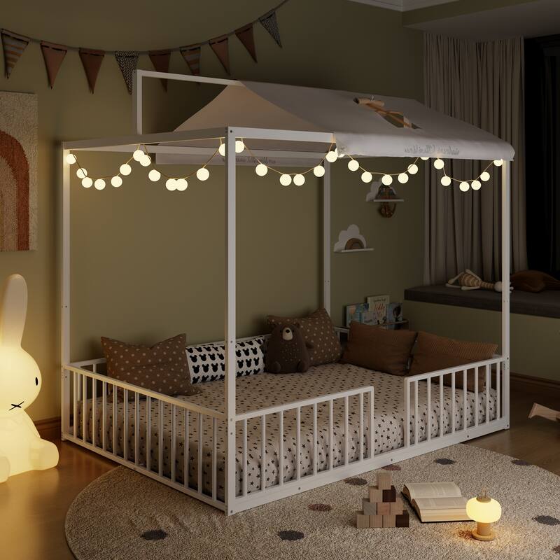 3-in-1 Convertible Metal Bed for Kids, Toddler Floor Bed, Fenced Bed and Montessori Elevated Bed with House-shaped Frame - White - Full