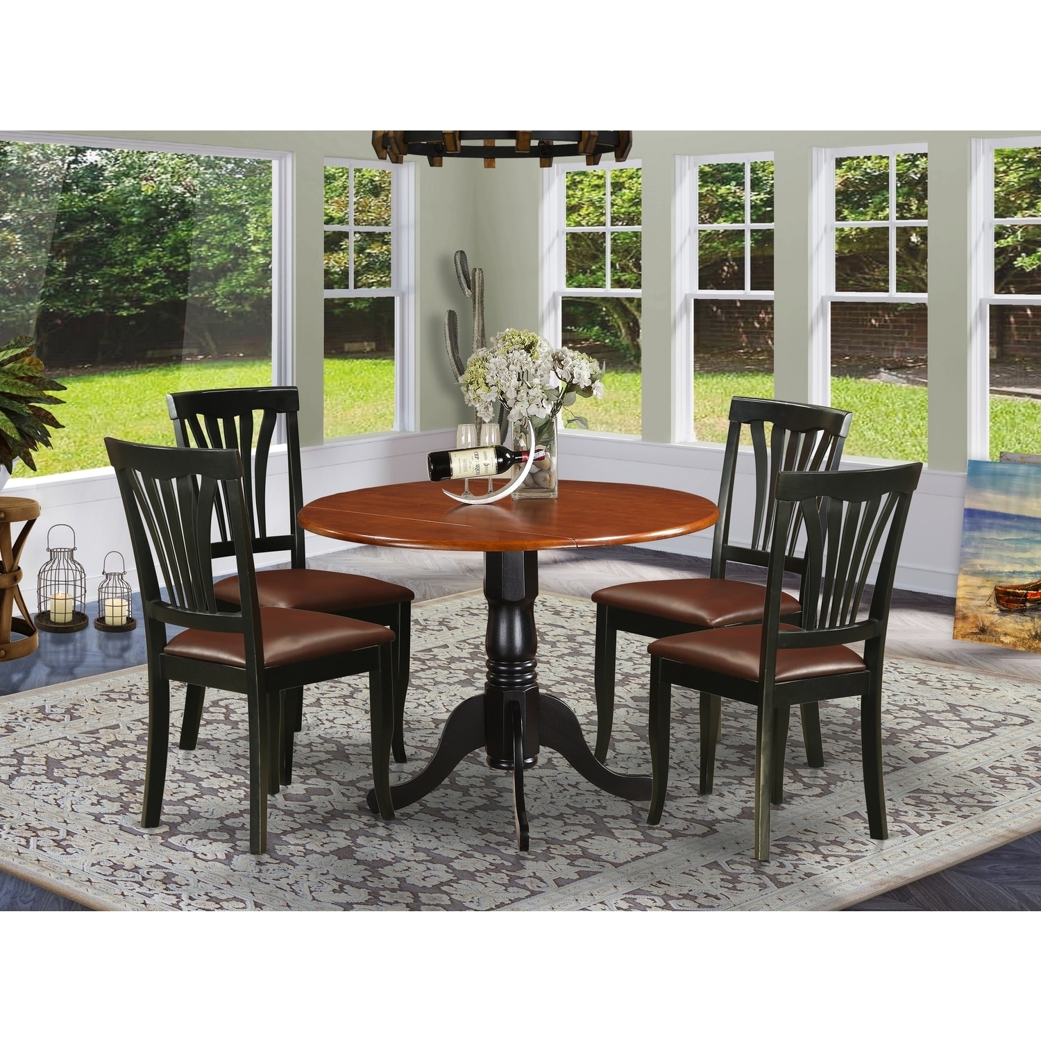 HomeStock 5-Piece Round Black and Cherry Finish Solid Wood Top Dining table with 4 Chairs