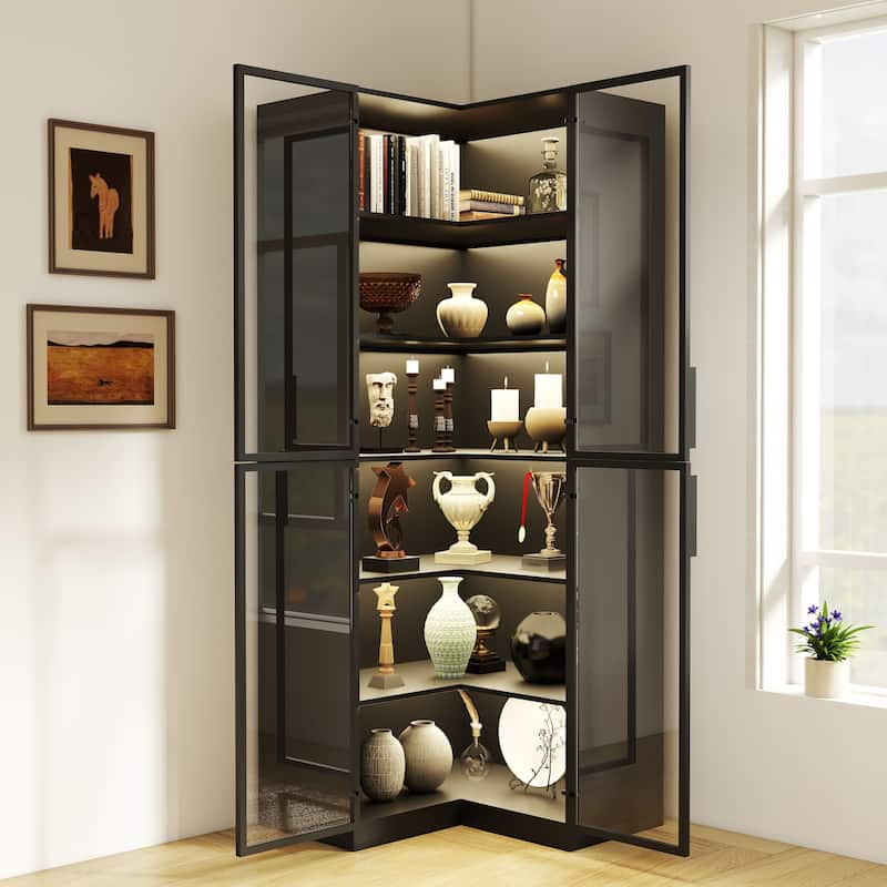 Tall Bookcase with LED Light, Modern 6-Tier Bookshelf Display Cabinet with Glass Door