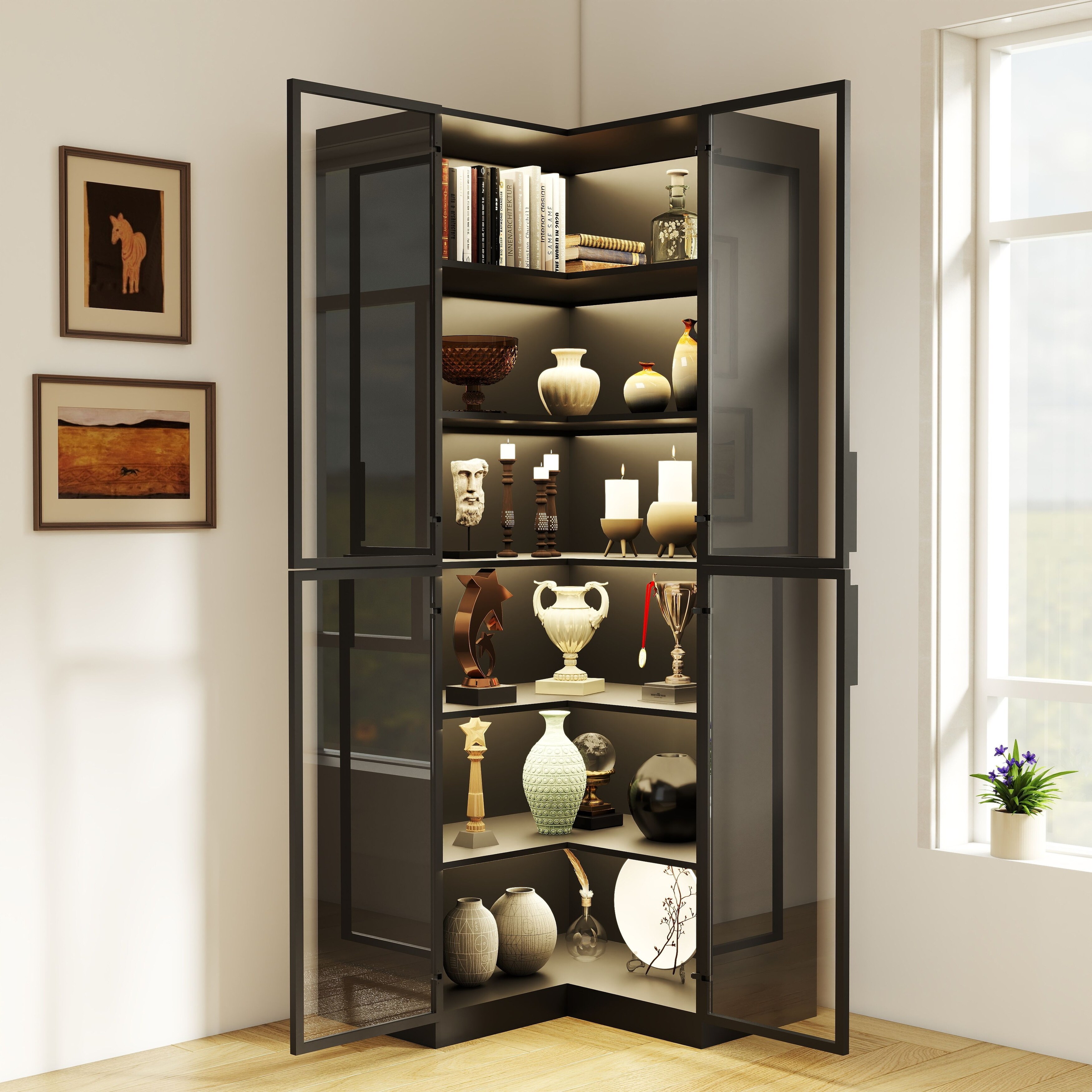 Tall Bookcase with LED Light, Modern 6-Tier Bookshelf Display