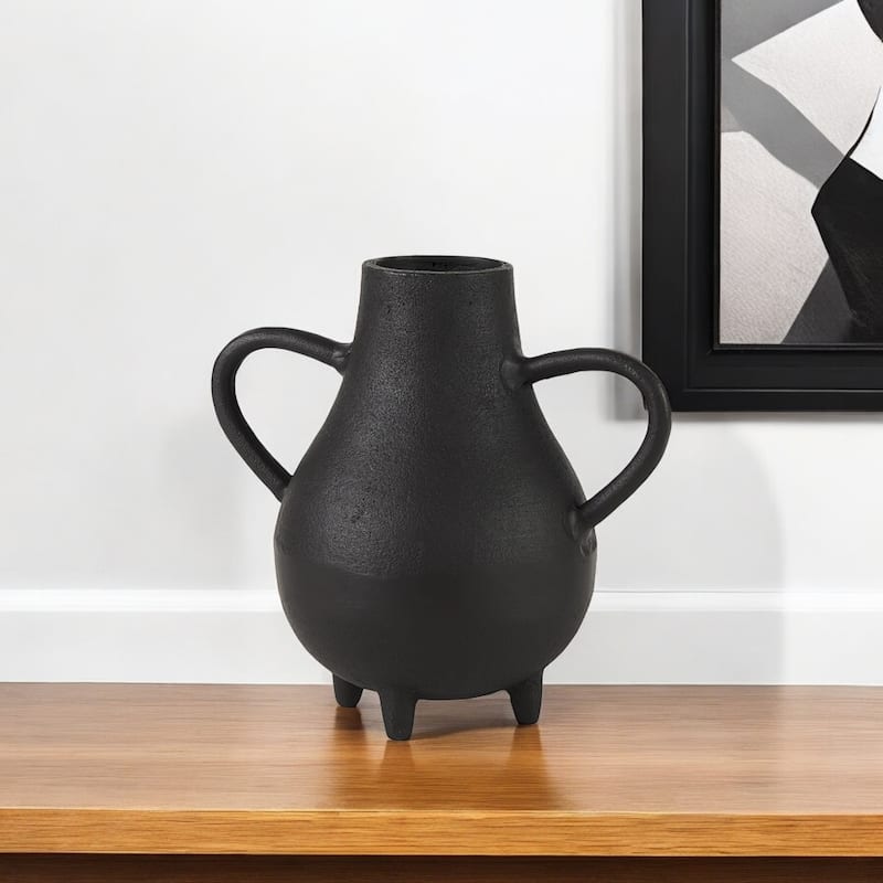 HomeRoots 8" Black Two Handle Ceramic Jug Vase - 5"W x 9"D x 8"H - 5"W x 9"D x 8"H - Black