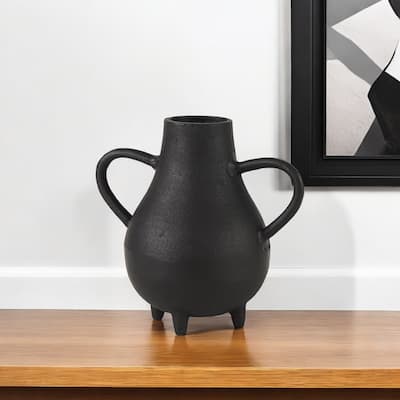 HomeRoots 8" Black Two Handle Ceramic Jug Vase - 5"W x 9"D x 8"H