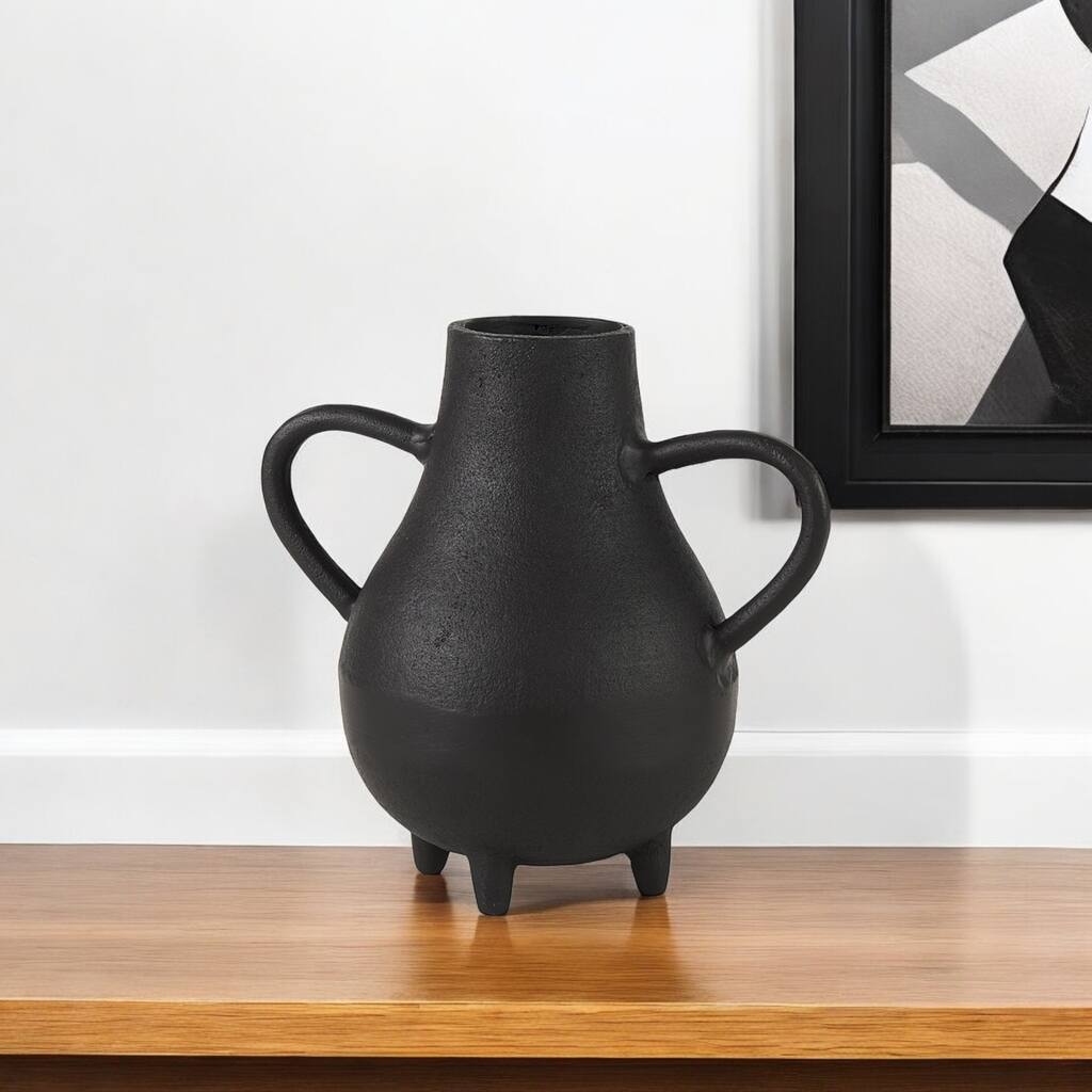 HomeRoots 8" Black Two Handle Ceramic Jug Vase - 5"W x 9"D x 8"H