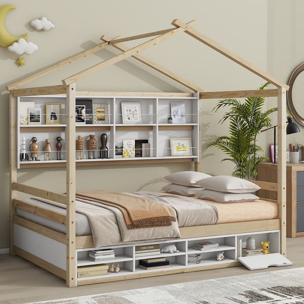 slide 2 of 12, Natural Full Size House Bed with Roof Frame, Bedside-shelves, and Under Bed Storage Unit Full - Natural