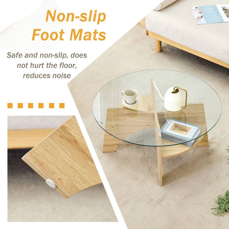 GDFStudio Marcellus Tempered Glass Coffee Table with Wood Legs and Fan-Shaped Pedestal Design