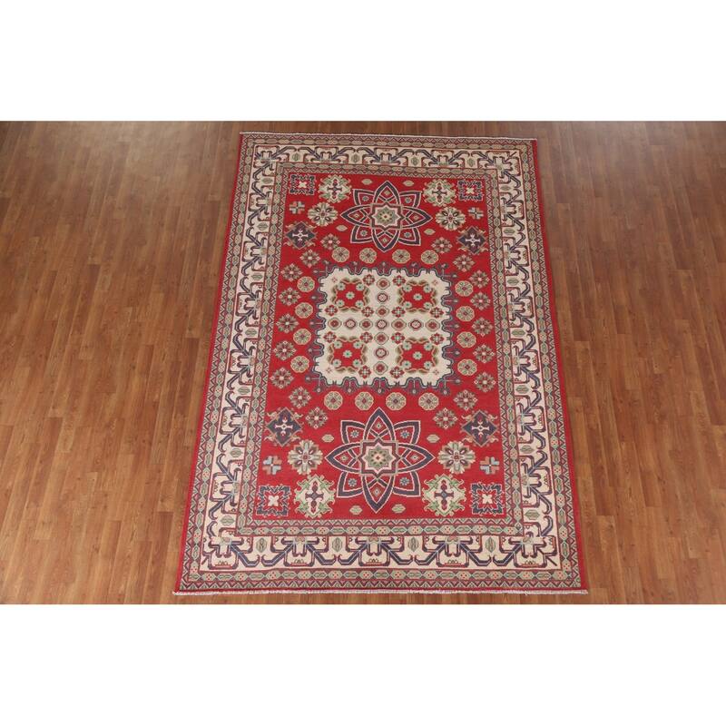 Hand Knotted Oriental 100% Wool Carpet Traditional Geometric Red Kazak Area Rug - 9' 8'' X 6' 6''