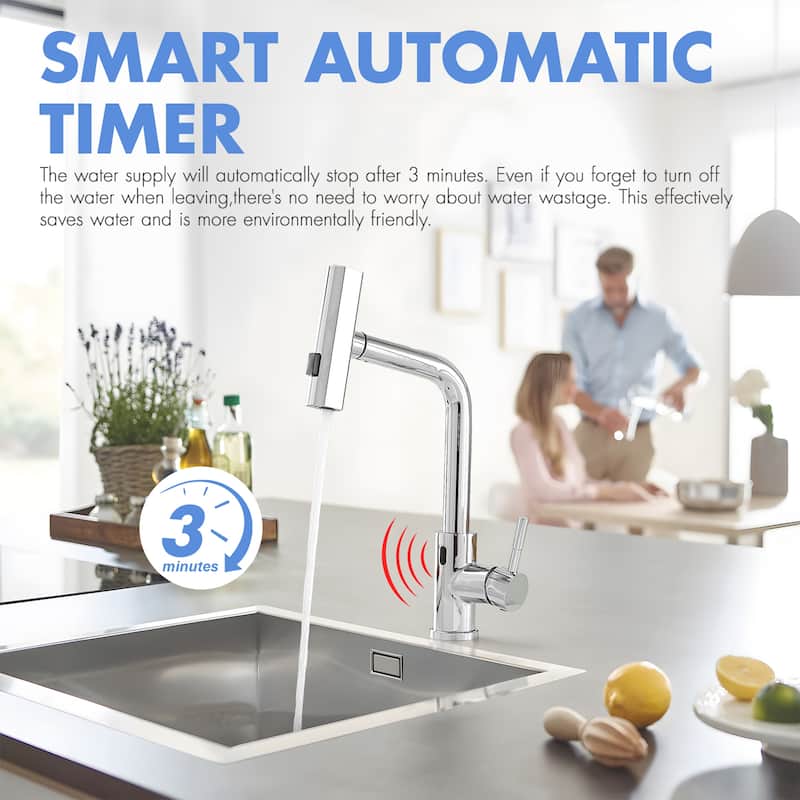 Single Handle 14.5 in. Pull Out Sprayer Touchless Kitchen Faucet with 360° Swivel Spout 1-Hole Basin Sink Tap