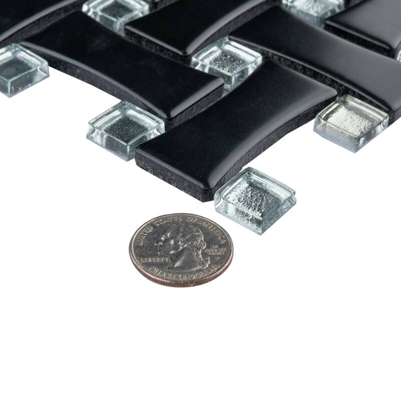 Merola Tile Metro Dog Bone Basketweave Matte Black with Glass Silver Dot 10" x 10" Porcelain Mosaic Wall Tile