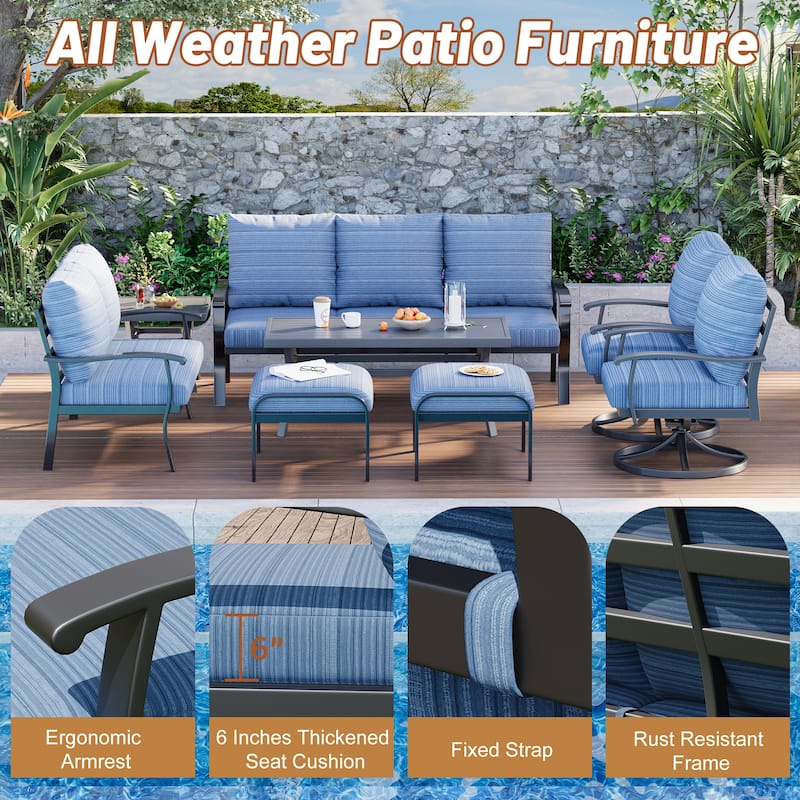 EROMMY Patio Set: 360° Swivel Rockers, Sofa, Ottomans & Table – Outdoor Conversation Set for Poolside, Garden & Deck