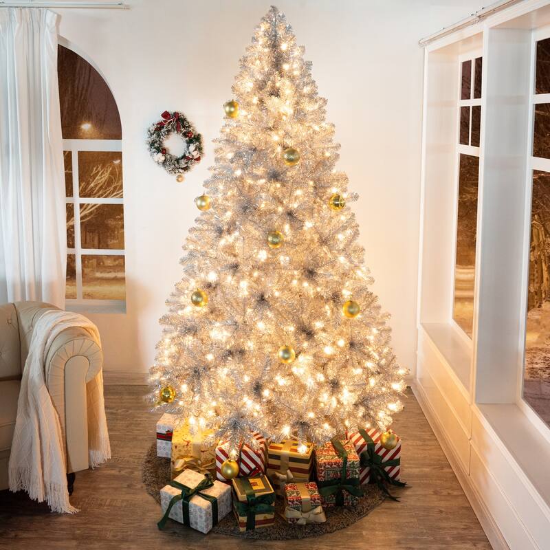 Giselle Silver Prelit Christmas Tree, Realistic Artificial Christmas Tree with Lights