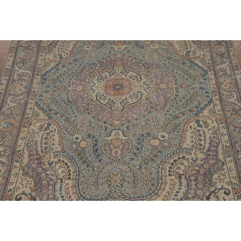 Flora Blue Tabriz Persian Area Rug Traditional Handmade Wool Carpet - 6'6"x 9'5"