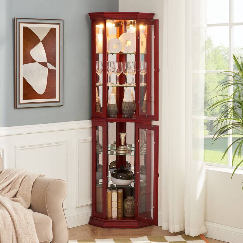 Sophisticated Cherry or Oak Corner Curio Sideboard Buffet Cabinet with Glass Display Shelves, Lighting System, Metal Handles