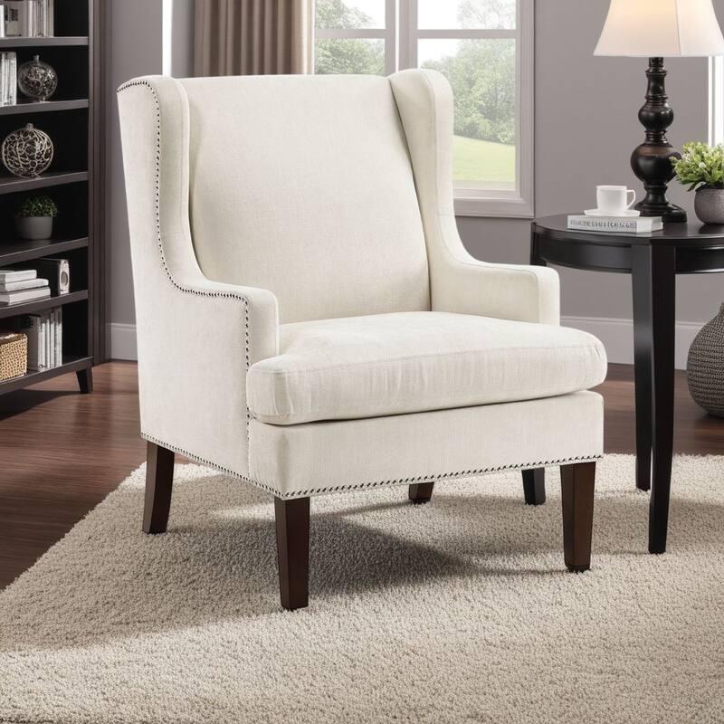 Rossana Accent Wing Armchair, Beige Polyester, Brown Wood, Nailhead