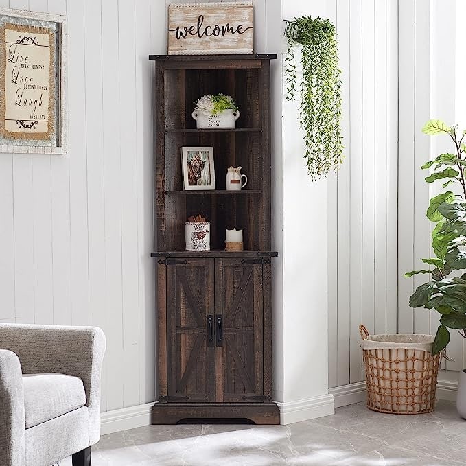 Farmhouse Tall Corner Cabinet, Storage Cabinet, Home Space Saver - Black