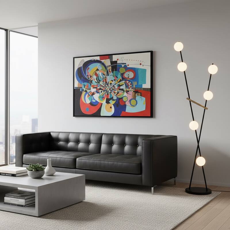 Artcraft Cortina - 6-Light Floor Lamp - Black with Brushed Brass Accent - Glass Shade