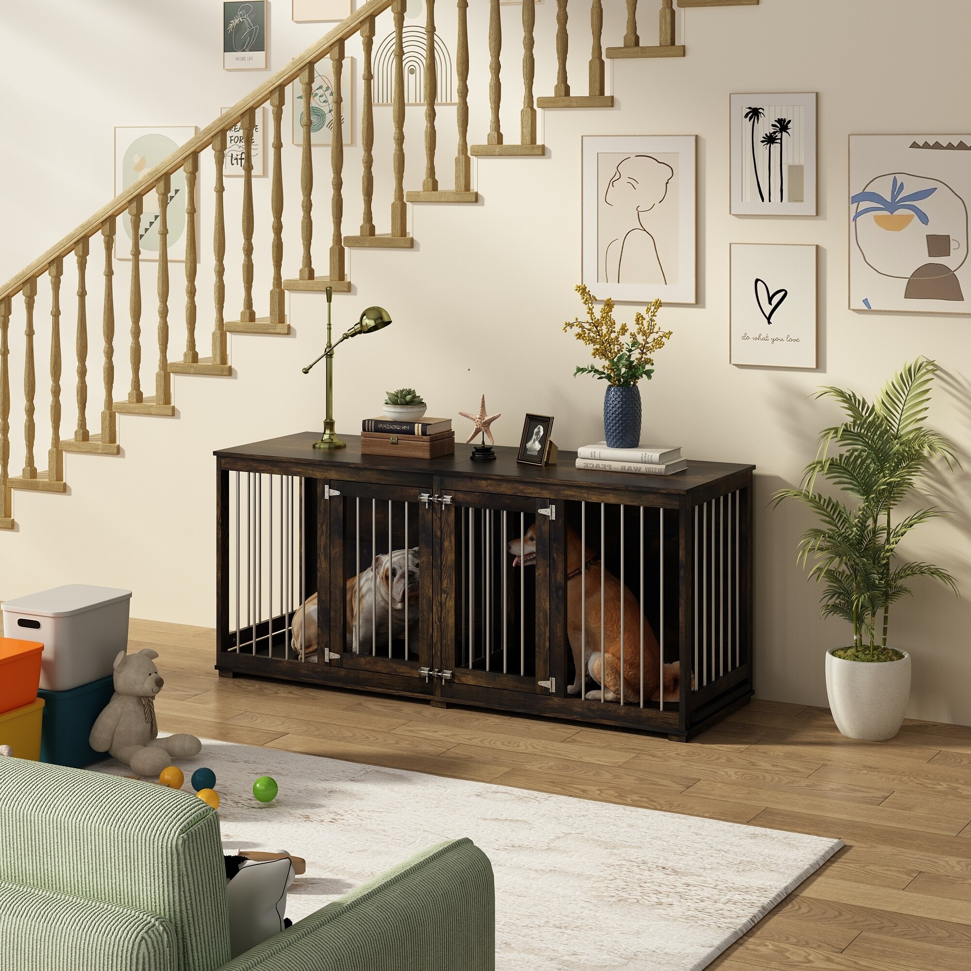 Dog Crate Furniture Indoor Wooden Dog Kennel with Room Divider