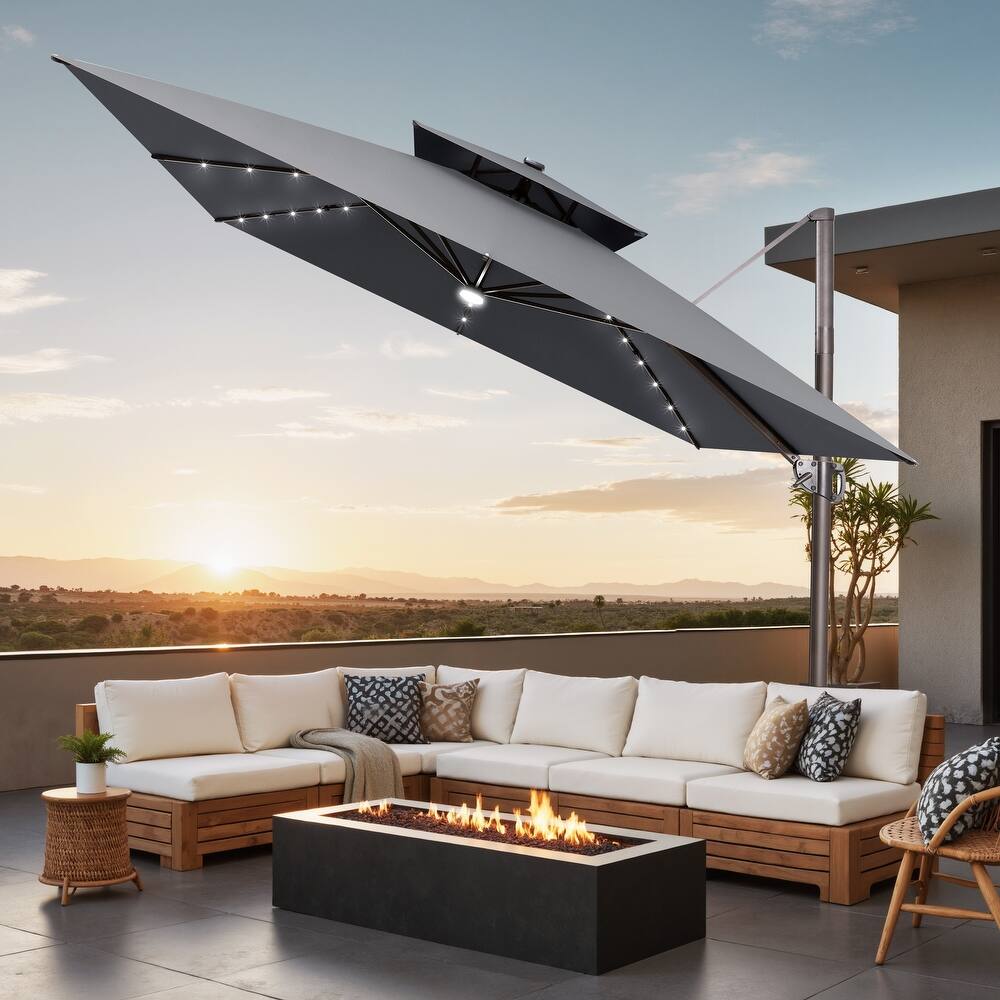 11 FT Square Outdoor Patio Cantilever Umbrella with Solar Lights Double Canopy 360 Rotation Tilt