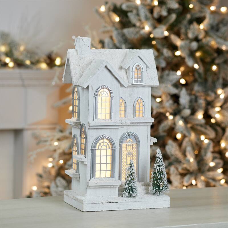 LED Wooden Christmas House Decor with Snow Trees and USB Cord - White, Green