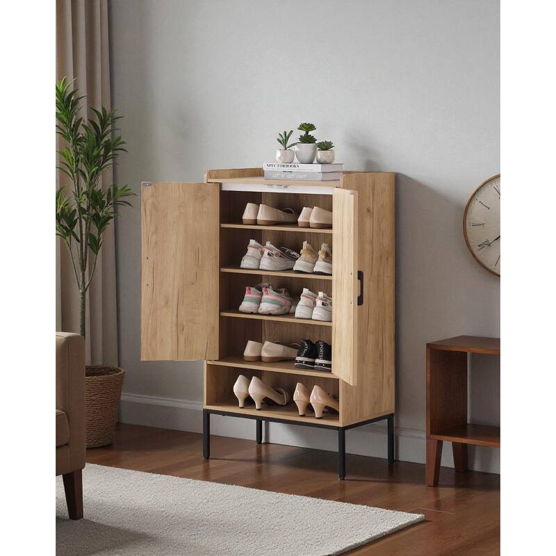 Rattan Door Shoe Cabinet, 5-Tier Wooden Shoe Storage Organizer with Open Shelves for Entryway, Hallway, or Bedroom